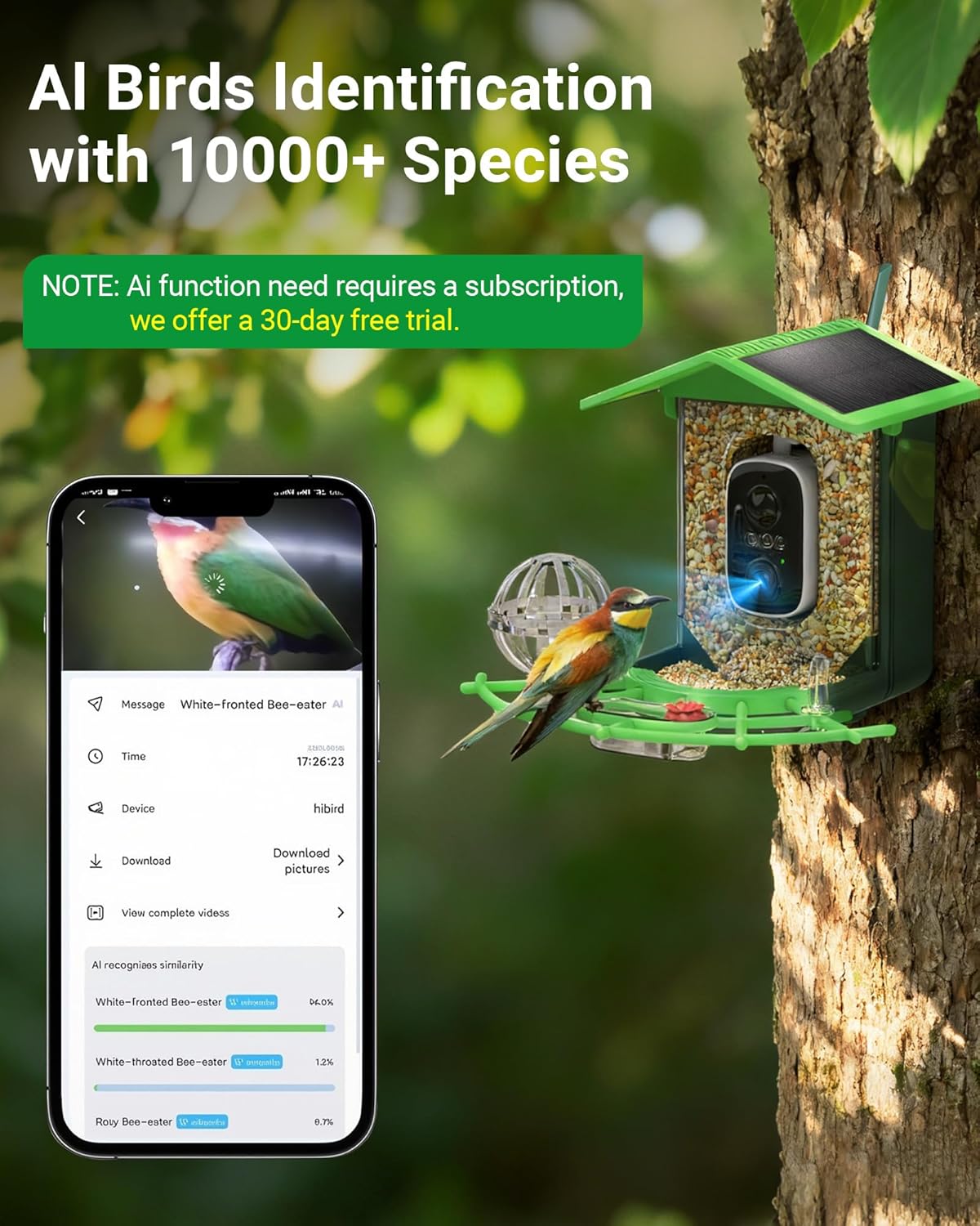WiFi Bird Feeder with Camera Solar Powered - 4MP HD Smart Bird Feeder with AI Bird Identification, Color Night Vision, Motion Alerts, IP65 Waterproof Outdoor Bird House for Backyard
