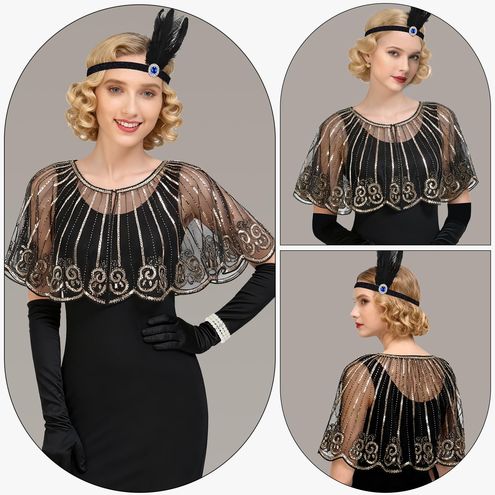 ELECLAND 10 Pieces 1920s Flapper Great Gatsby Accessories Set Fashion Roaring 20's Theme Set including Headband Headpiece Long Black Gloves Necklace Earrings for Women (Black Gold - Image 3