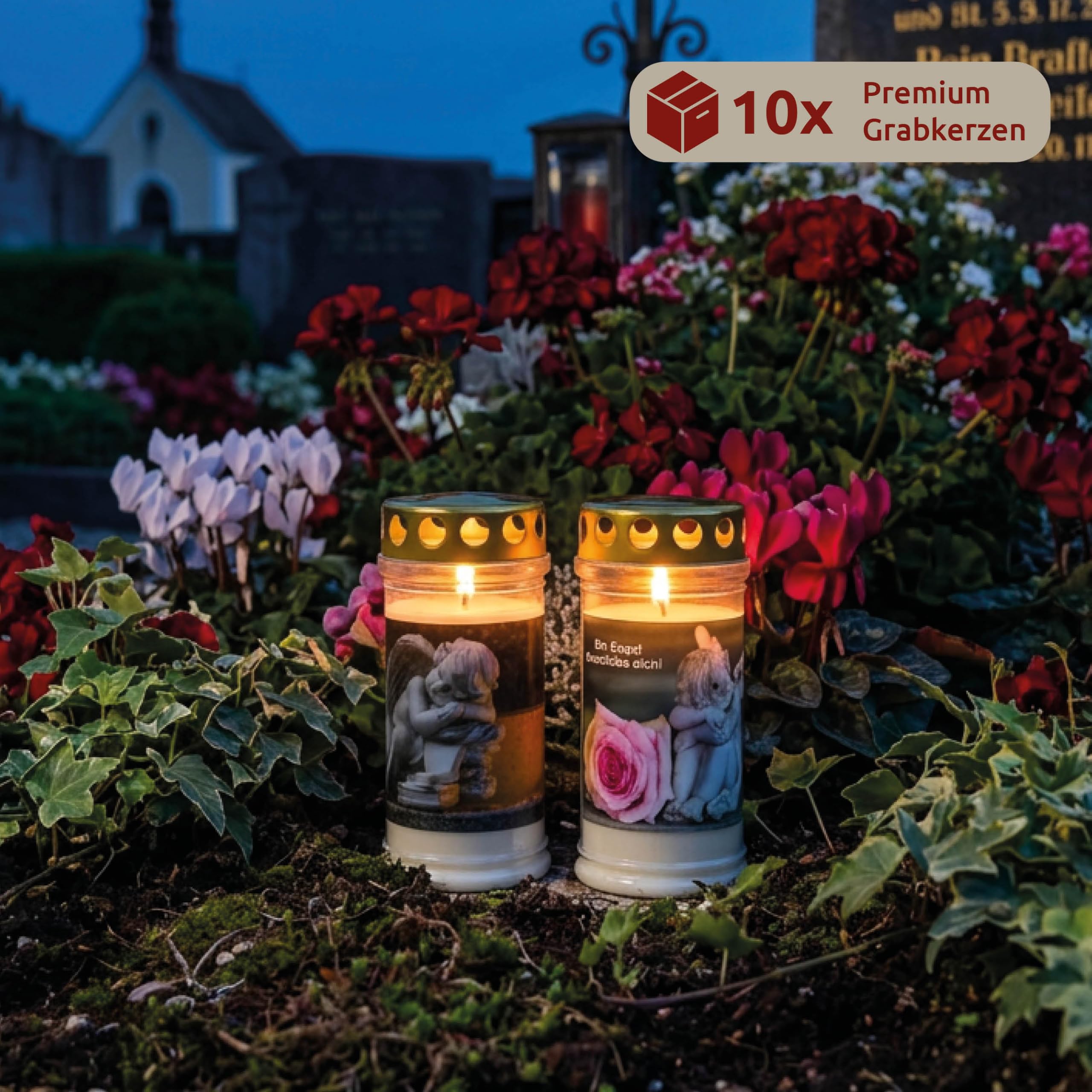10er Set Grabkerzen 4 Tage Brenndauer | Herzmotiv | Wetterfestes Grablicht mit Deckel | Trauerkerzen für Grab, Friedhof, Grabdekoration & Grabschmuck