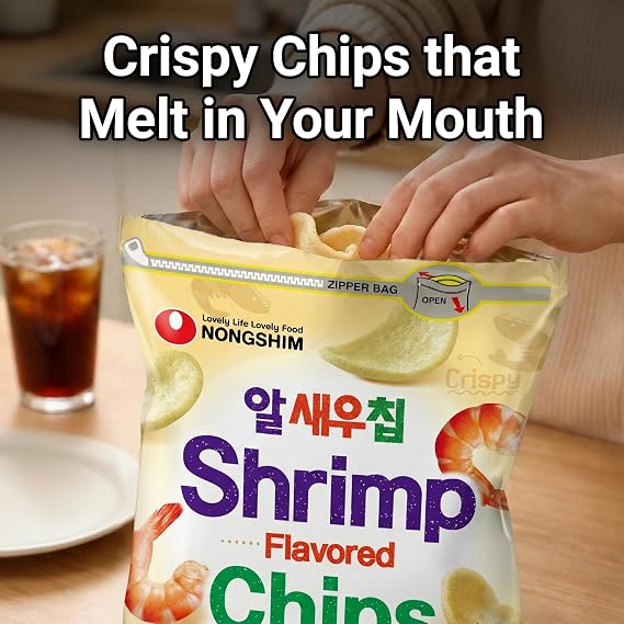 Nongshim Shrimp Flavored Chips, Light and Crispy Seafood Snack, Savory Shrimp Taste, Thin Crunchy Texture, Great for Dipping or Snacking, Big Size Bag, 7.05 oz (1 Pack)