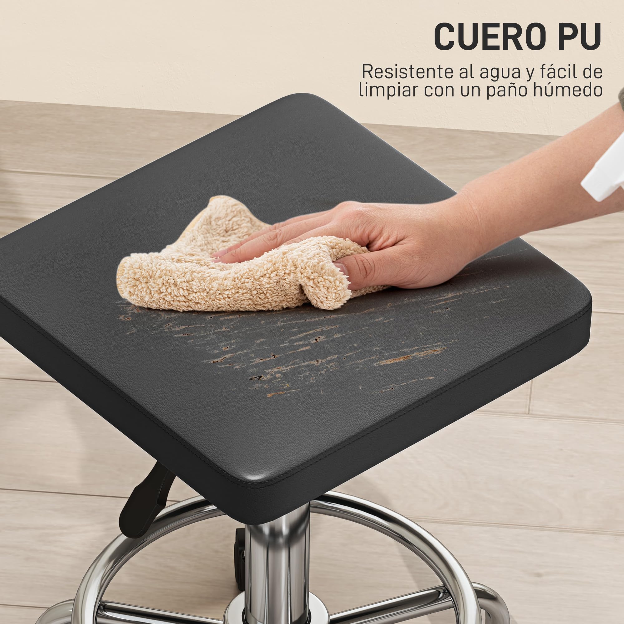 HOMCOM Sgabello girevole con ruote, altezza regolabile 50-66 cm, nero | Seduta imbottita in pelle sintetica, poggiapiedi, per saloni e officine