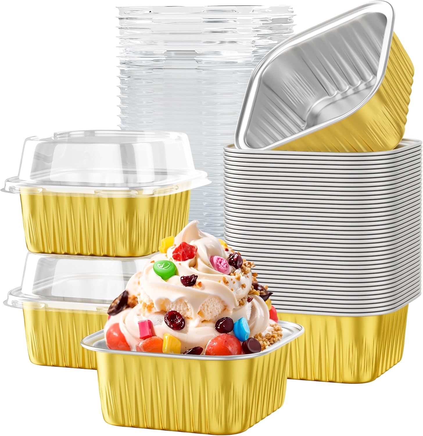 40 Pack 5 OZ Mini Cake Pans with Lids, Disposable Square Aluminum Foil Brownie Baking Cups, Mini Aluminum Foil Cupcake Muffin Tin Ramekins, Flan Molds Cake Containers for Wedding Birthday Party,Gold