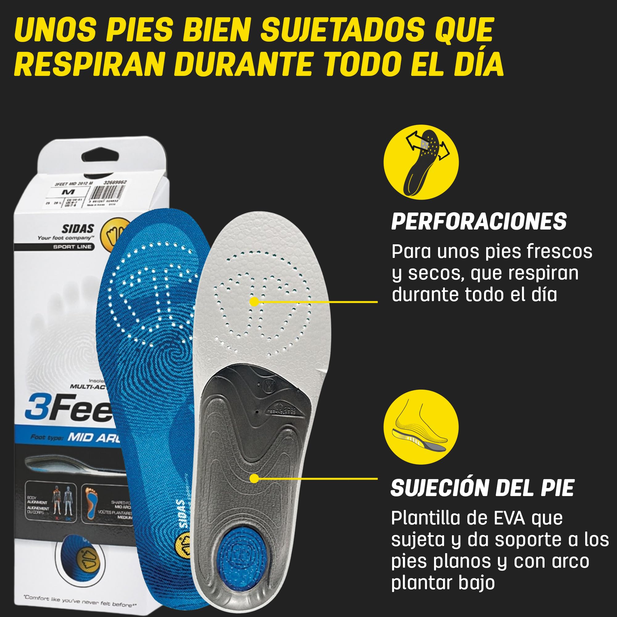 Sidas 3Feet Mid, Plantillas para arco media, Plantillas para calzado de diario y de trabajo, Confort duradero, Antibacterianas y transpirables, Plantillas para calzado de hombre y mujer