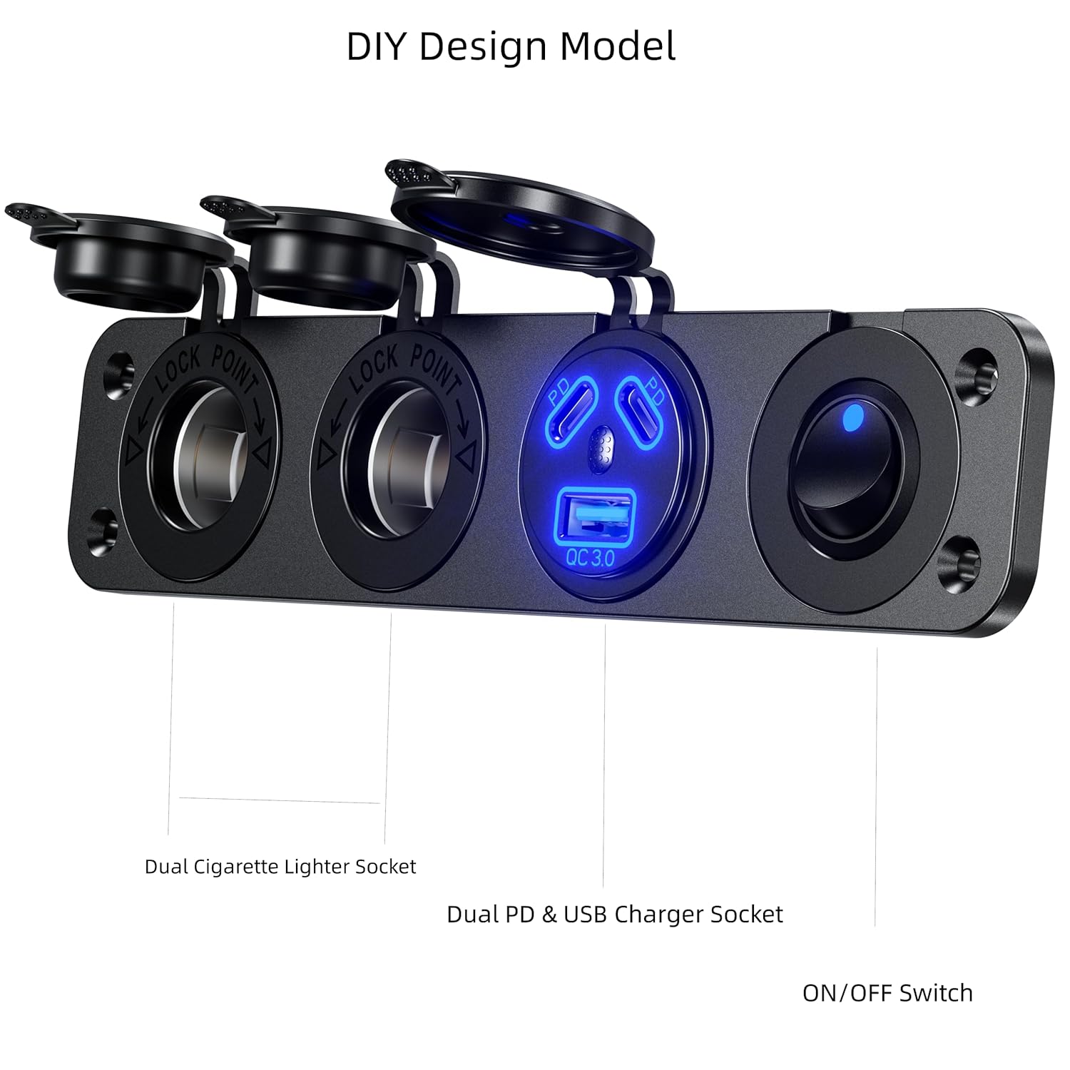Kewig 4 in 1 Marine Switch Panel, 12V 108W 3 Ports USB C Outlet Dual PD 45W & 18W USB Port &, Dual Cigarette Lighter Socket with Waterproof Rocker Toggle Switch 12V for Boat Truck