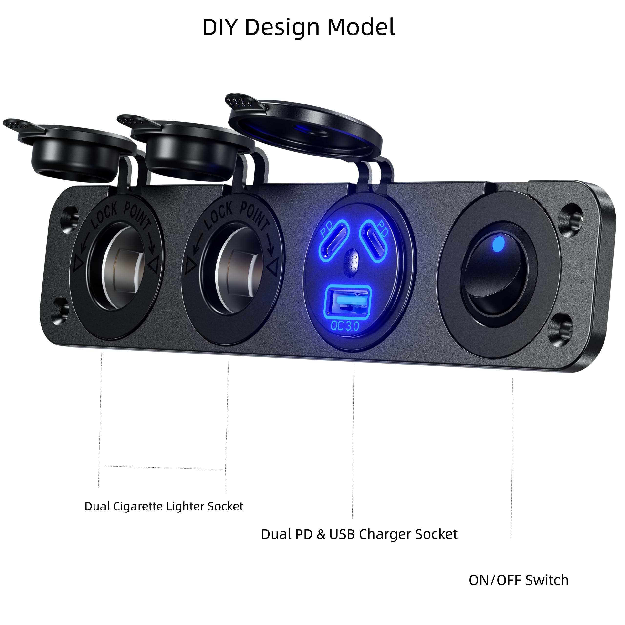 Kewig 4 in 1 Marine Switch Panel, 12V 108W 3 Ports USB C Outlet Dual PD 45W & 18W USB Port &, Dual Cigarette Lighter Socket with Waterproof Rocker Toggle Switch 12V for Boat Truck