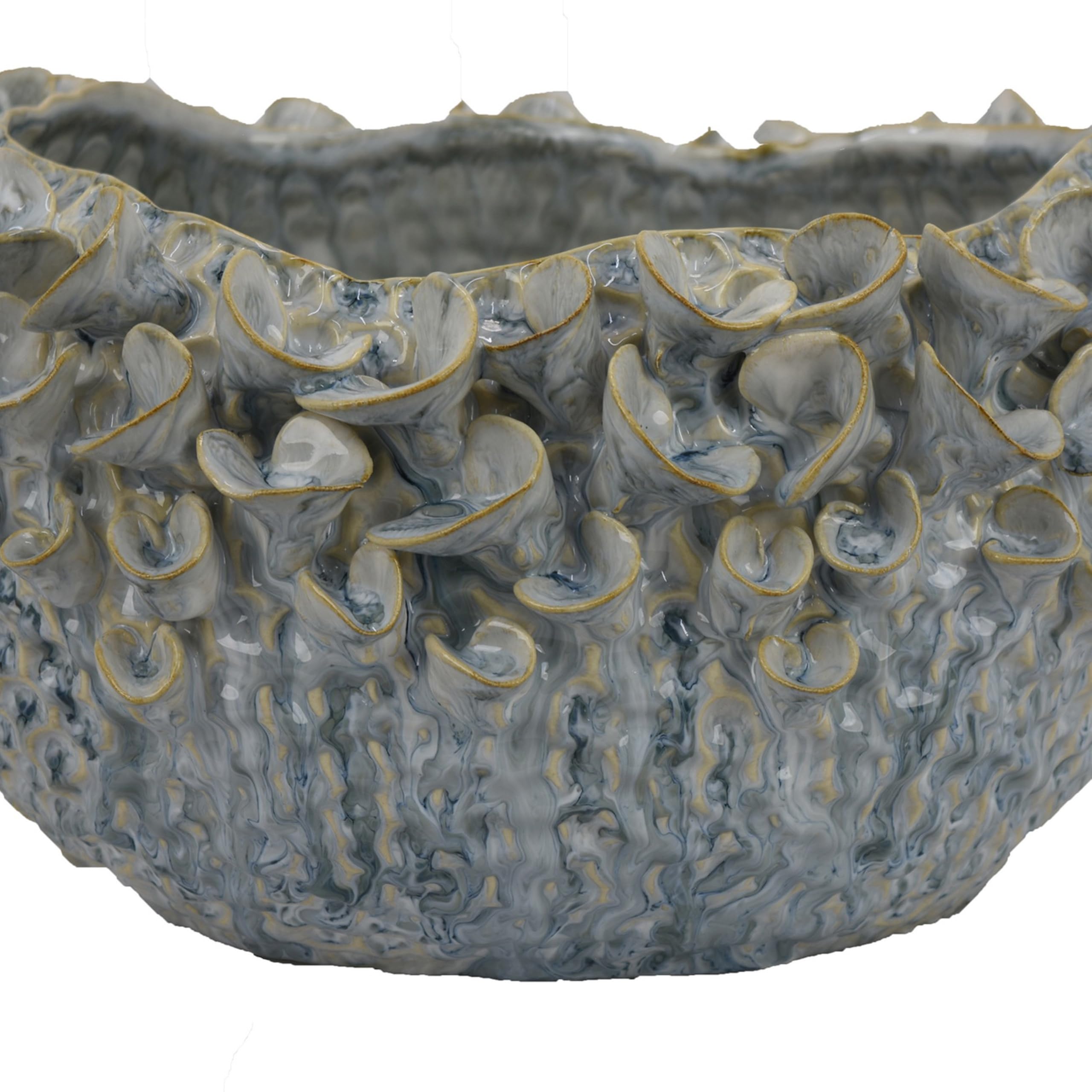 Benjara Nina Decorative Bowl, Light Blue, Textured Floral Gray Ceramic 13 Inch