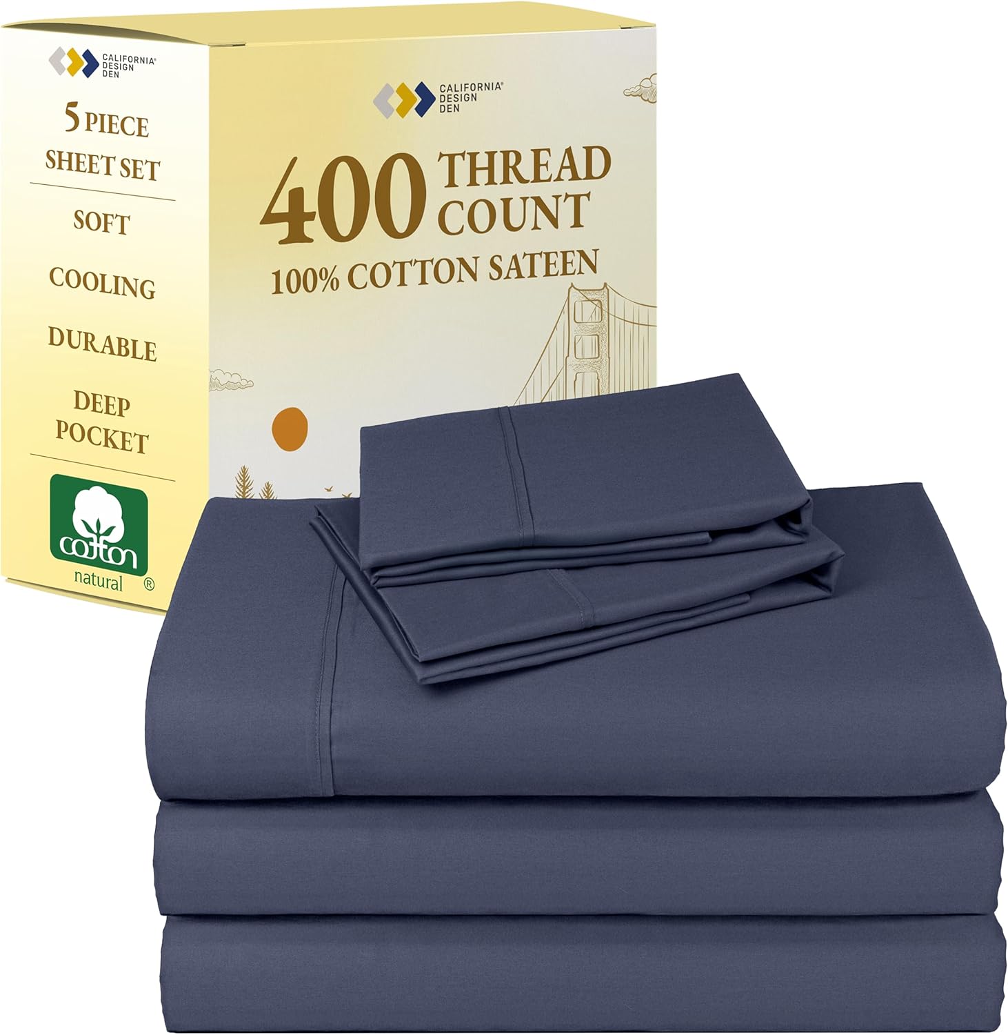 California Design Den Split King Sheets Sets for Adjustable Bed - Soft 400 Thread Count Sateen, Natural 100% Cotton Sheets, Deep Pockets, Breathable, Cooling and Durable Bedding - Indigo Dusty Blue