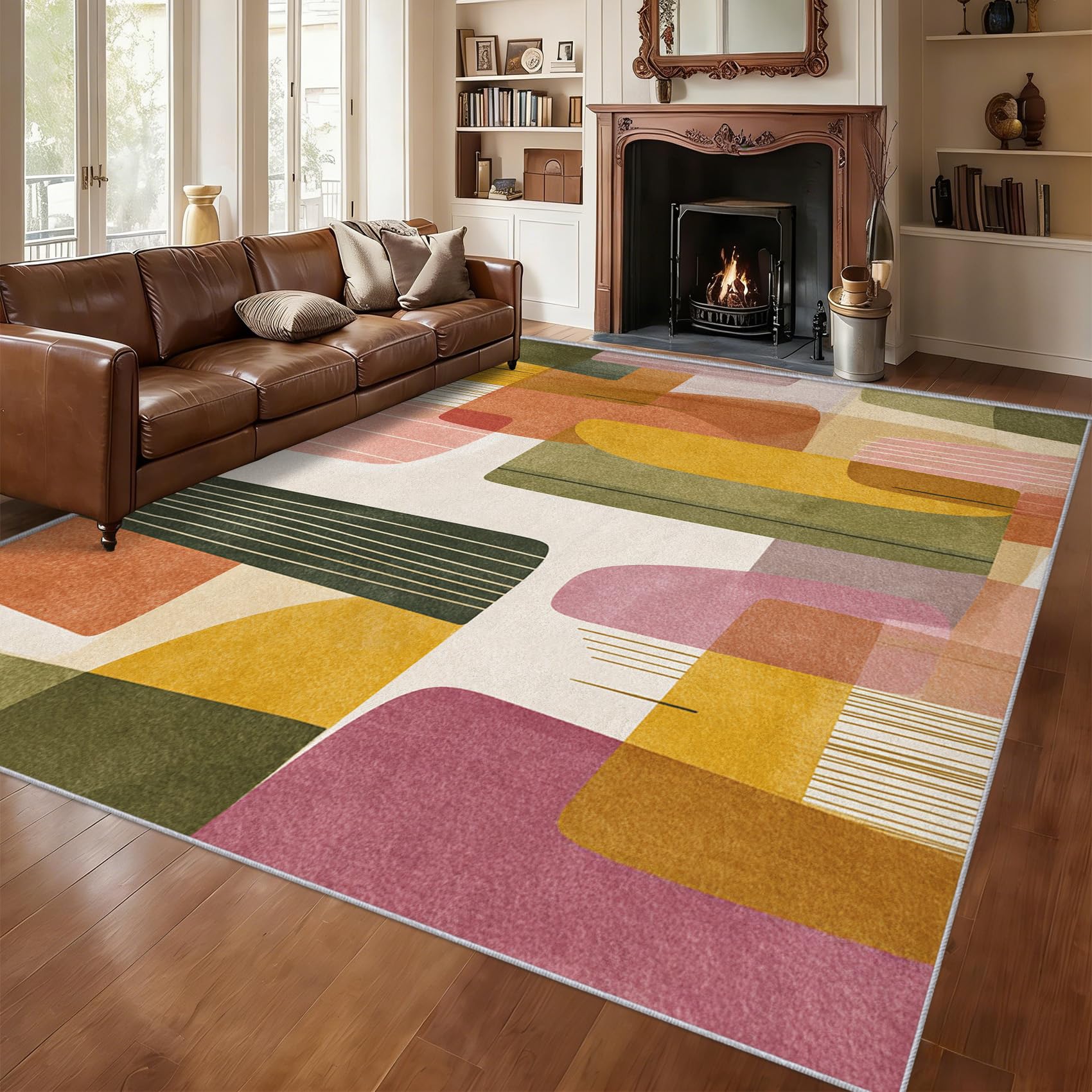 Générique Tapis Milieu du Siècle, Grand Tapis Salon 140x200 Géométrie Abstrait Carpette Chambre, Flanelle Poil Ras Moelleux - Antidérapa Lavable en Machine H2