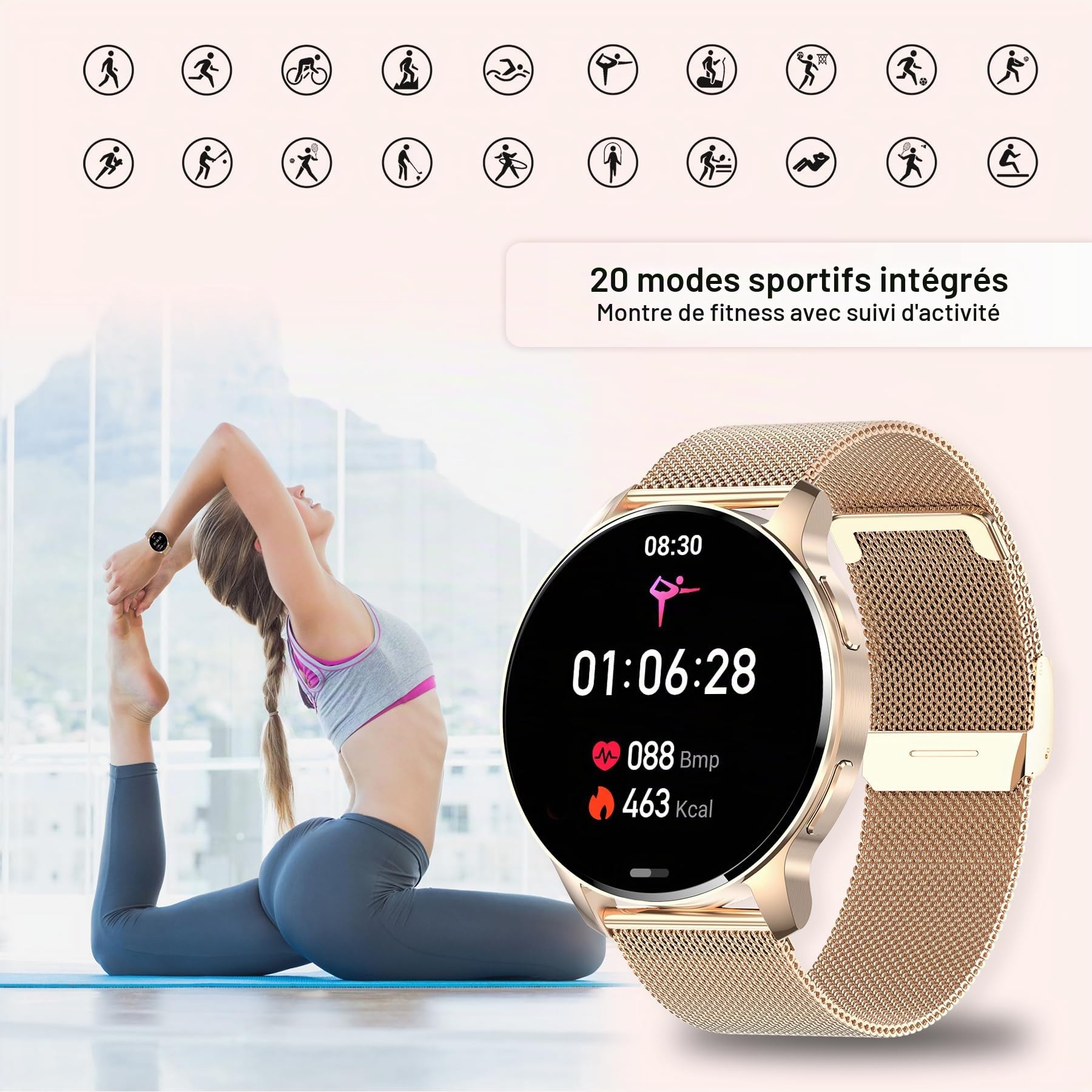 Montre Intelligente Femme avec Appel, 1,32" Smartwatch Automatique Homme, Podomètre/Moniteur Sommeil/Cardiofrequenzimetro, 20 Modes Sportif Android iOS Montre Intelligente Doré, 3 Bracelets