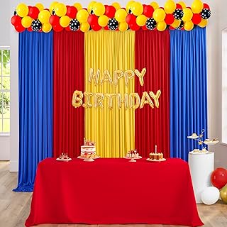 10ft x 15ft Thick Backdrop Curtain for Parties, Yellow Red Royal Blue Wrinkle Free Photography Backdrop Drapes, 6 Panels 2.5ft x 10ft Theme Party Backdrop Drapes for Baby Birthday Party Decorations - Buy now