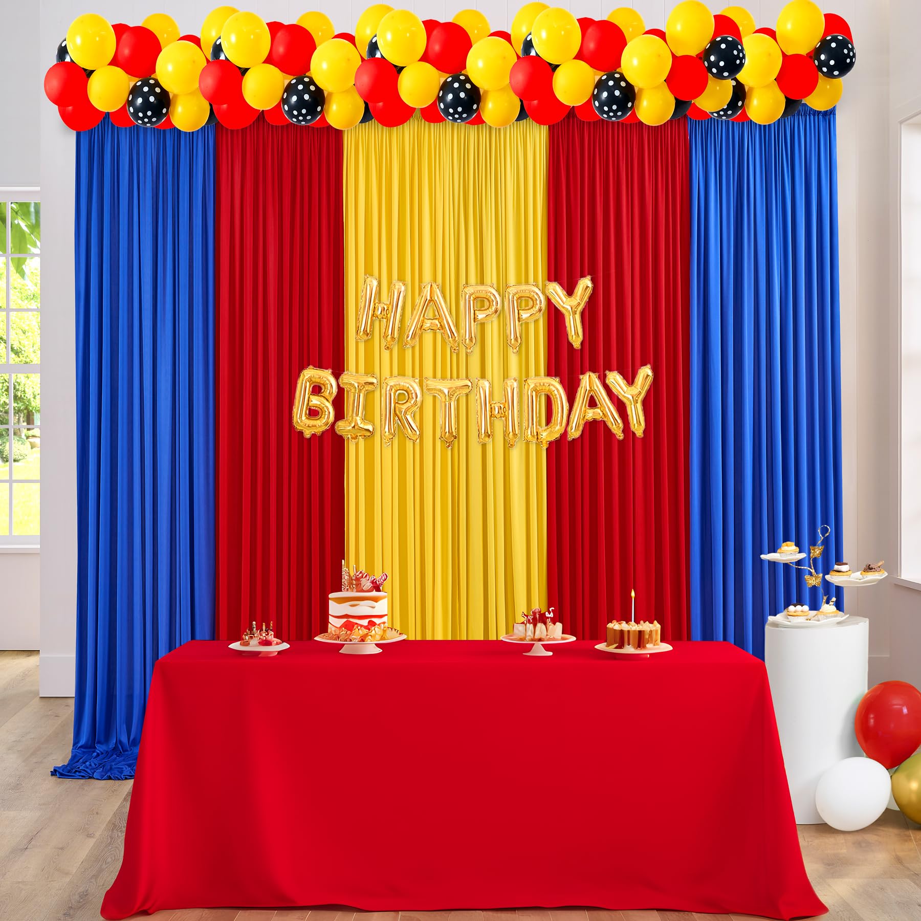 Photo 1 of 10ft x 15ft Thick Backdrop Curtain for Parties, Yellow Red Royal Blue Wrinkle Free Photography Backdrop Drapes, 6 Panels 2.5ft x 10ft Theme Party Backdrop Drapes for Baby Birthday Party Decorations