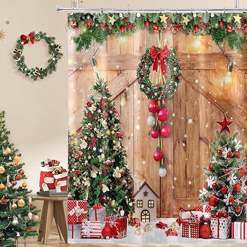 Cortina de ducha de perro de Navidad, diseño de camión rojo para regalo de árbol de Navidad, diseño de pájaro cardenal, 72 x 72 pulgadas