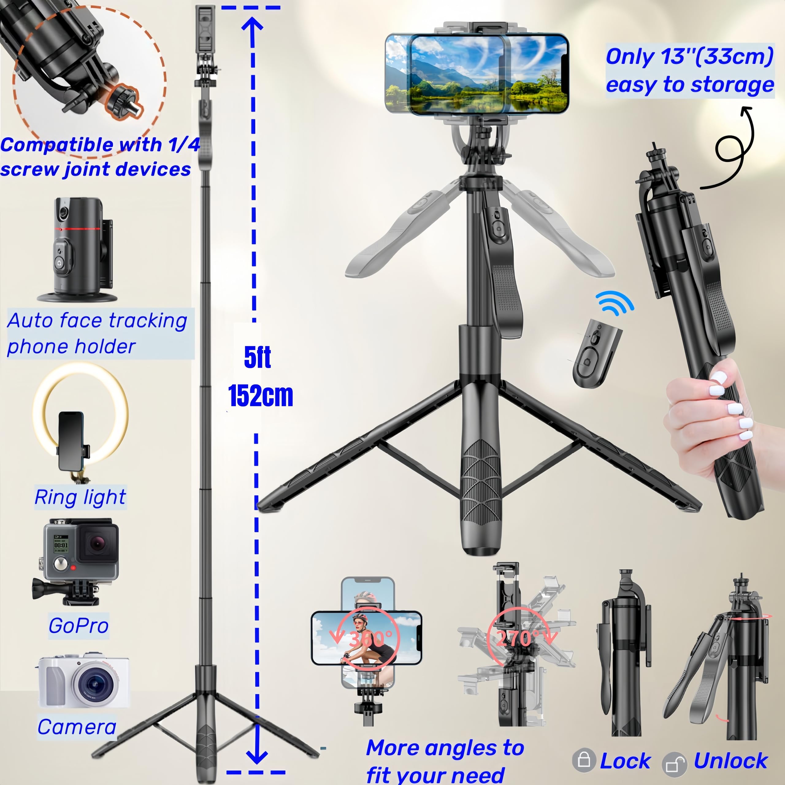 Treppiede per rilevamento automatico del viso con supporto di rotazione a 360, 70,9 Ai Motion Tracking, rotazione del bastone per selfie celular con telecomando, supporto per telefono con sensore di