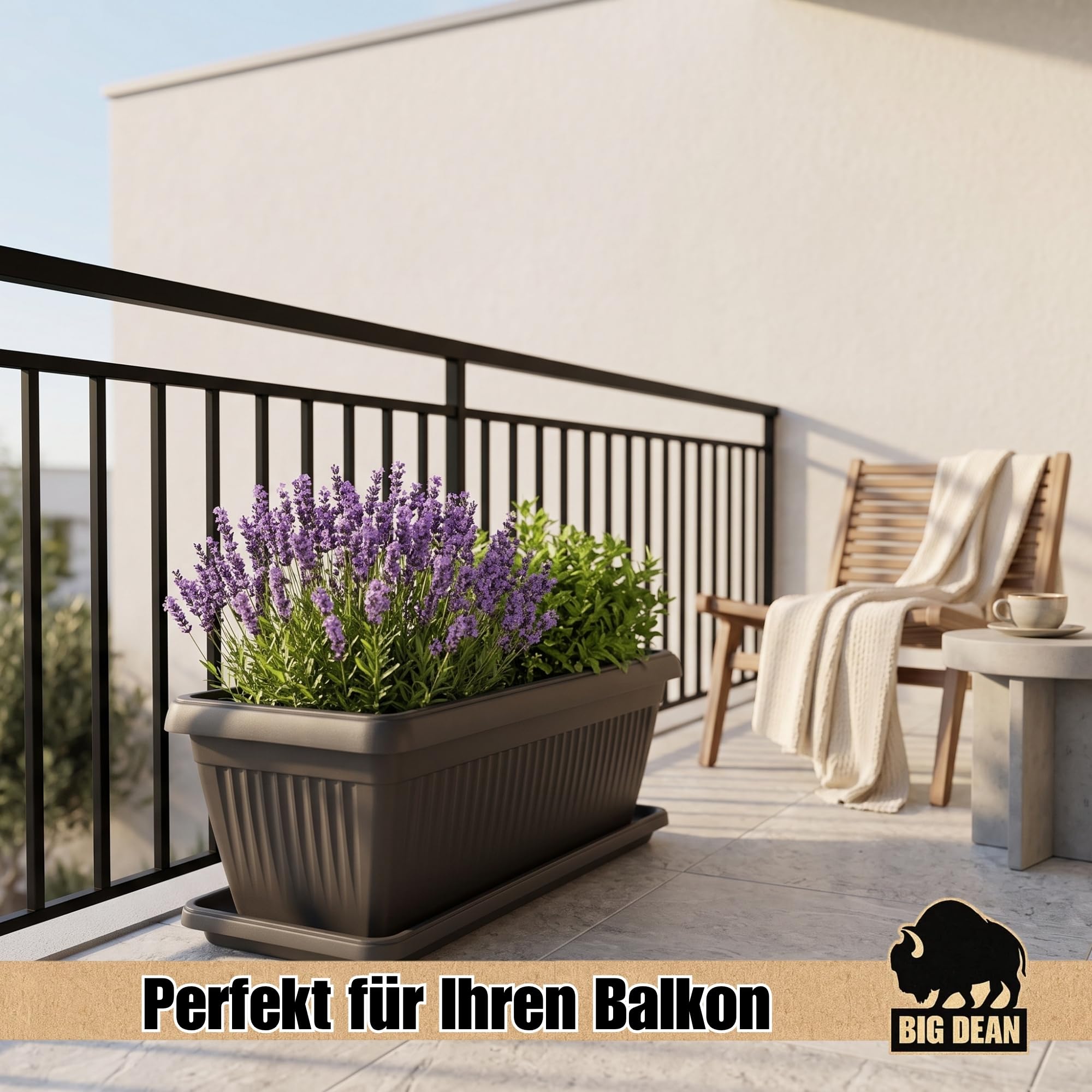 BigDean 3 Stück 60 Liter Blumenkübel Jumbo 80x37,5x30,5cm Blumenkasten | Mediterranes Design, Lieferung inkl. Untersetzer, Farbe: Anthrazit, Pflanzkübel, XXL, Blumentopf, groß