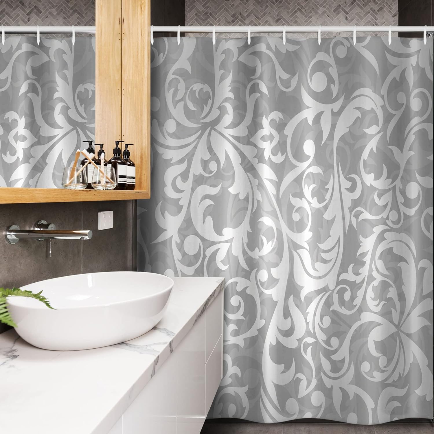 Ambesonne Grey Stall Shower Curtain, Victorian Style Large Leaf Floral Pattern Swirl Classic Abstract French Vintage Print, Fabric Bathroom Decor Set with Hooks, 54" W X 78" L, Silver Gray