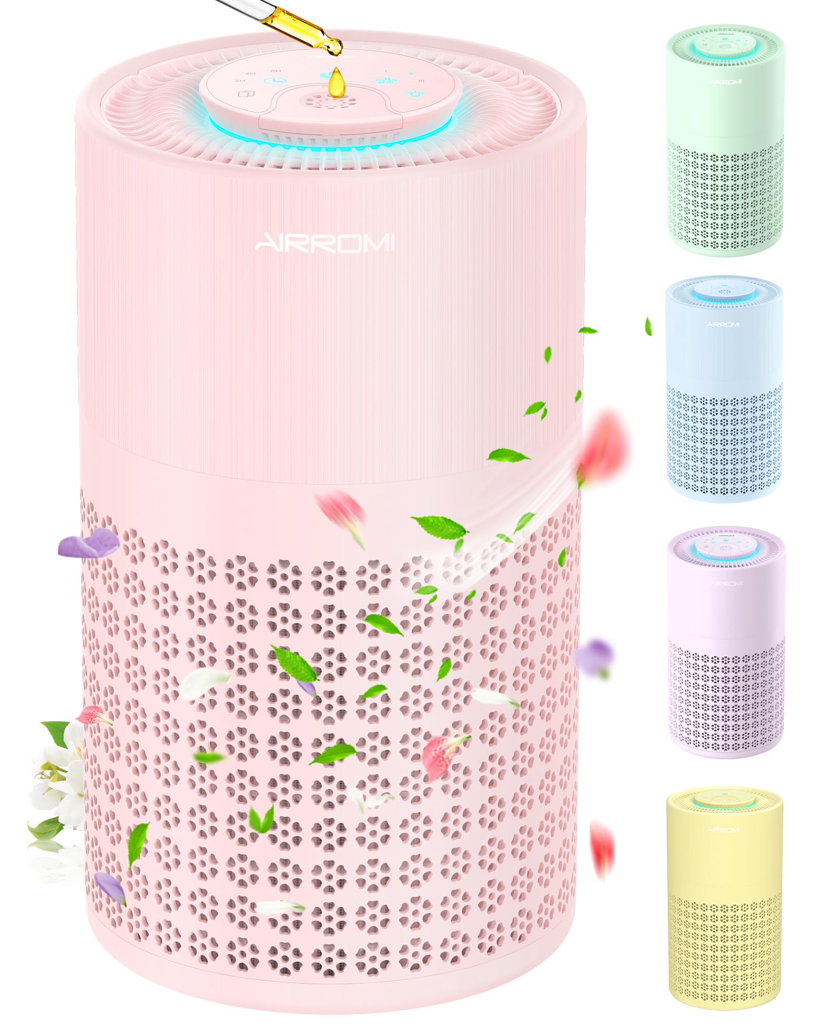 AIRROMI Air Purifier for Bedroom with HEPA 3-in-1 Filter, Pet Air Purifier for Home Cat Pee Smell, Covers Upto 990 Ft², Quiet 360° intake Air Cleaner for pet hair,allergies,Dust,Smoke A2001 Pink