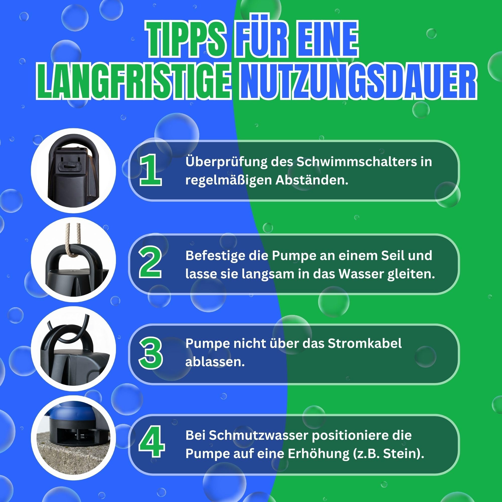 Schmutzwasserpumpe Tauchpumpe 400 Watt, 8000 L/h 0,5 Bar Druck >>5m Förderhöhe integrierter Schwimmerschalter für Automatik und Manuellen Betrieb