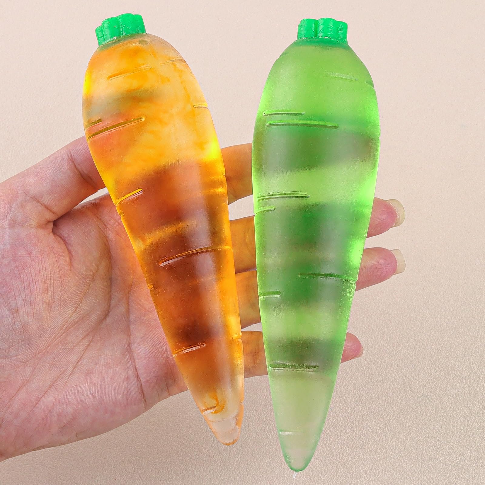 Anboor 2pcs Carrot Squishies Toy, Crystal Stretchy Carrots Sugar Stress Balls for Kids and Adults, Sensory Simulation Carrot Relief Stress Squeeze Fidget Toy for Party Favors (Green & Orange)