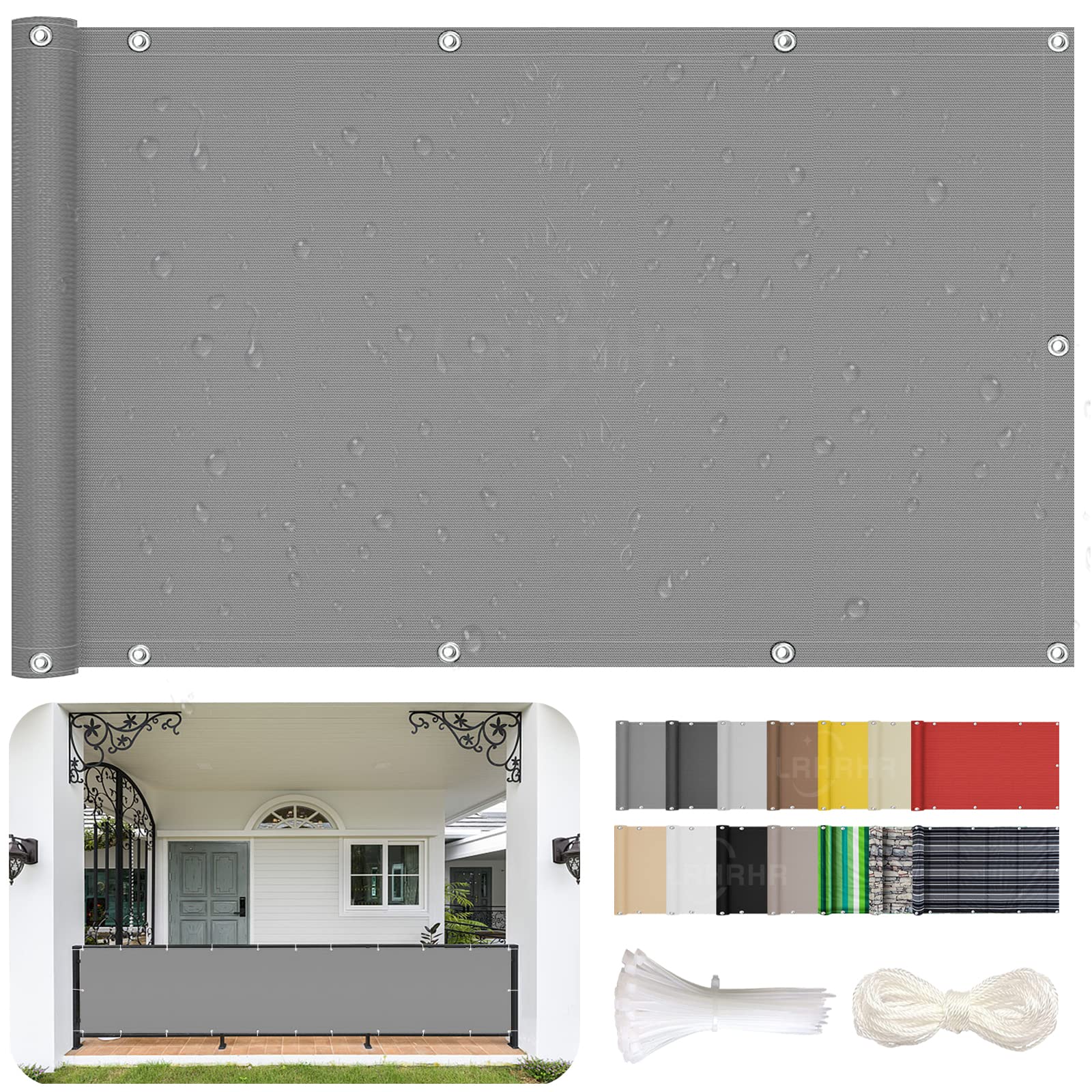 Osłona balkonowa, ochrona przed wzrokiem na patio, wodoodporna blokada promieniowania UV, osłona balkonowa z opaskami kablowymi i liną, szara, 135 x 500 cm