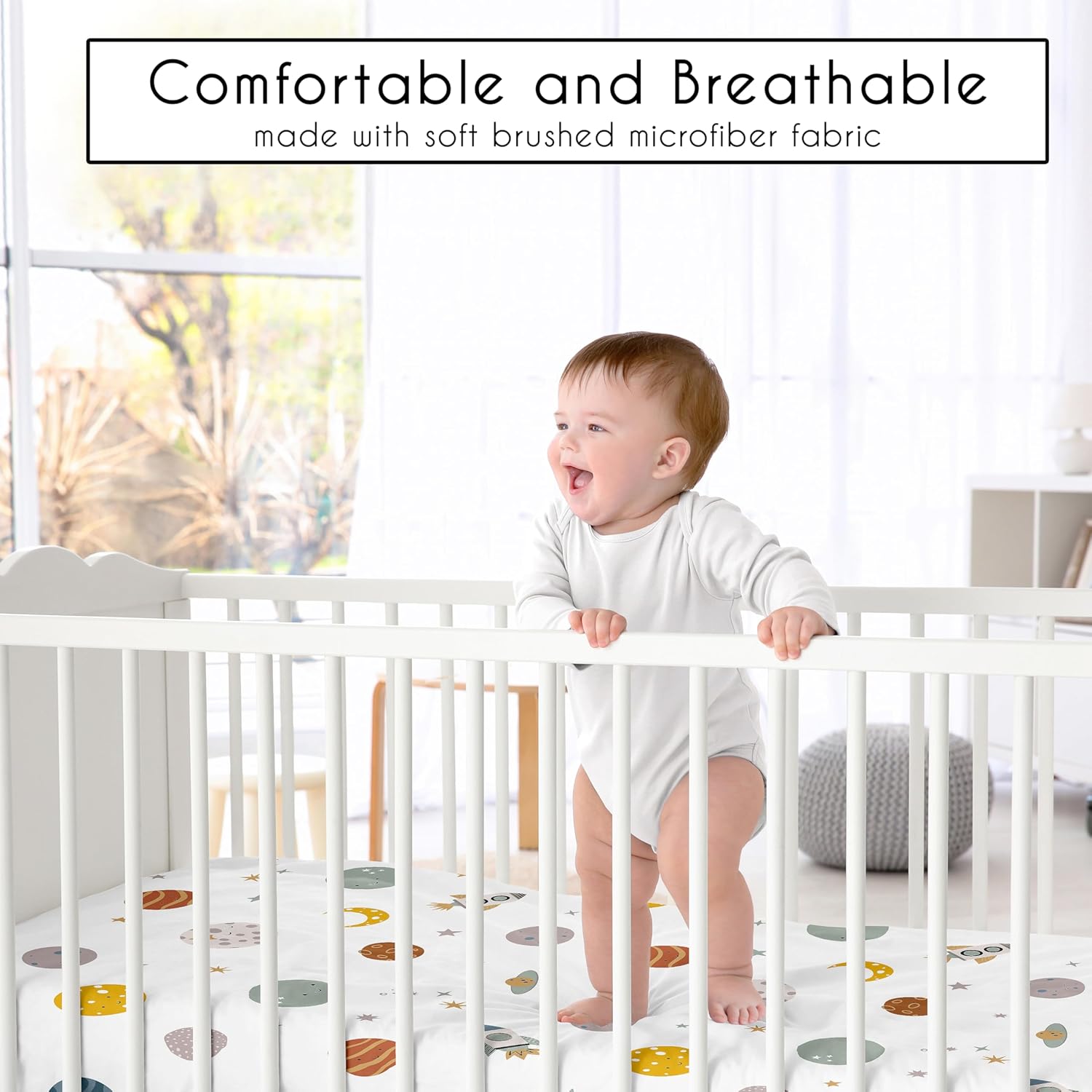 Sweet Jojo Designs Fitted Baby Crib Sheets (Outer Space Themed) for Boys, Infant Nursery, Toddler Room - Standard Size (Moon and Stars, Whimsical, Star Galaxy, Planets, Rocket Ships, Moons, Celestial)