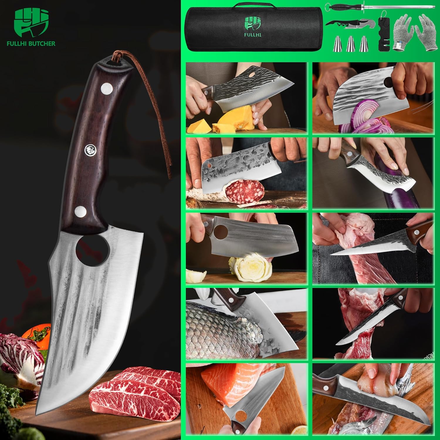 FULLHI 17pcs Butcher Chef Knife Set include sheath High Carbon Steel Cleaver Kitchen Knife Whole Tang Vegetable Cleaver Home BBQ Camping with Knife Bag