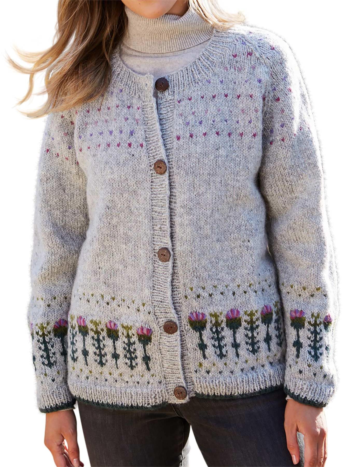 Pachamama Women Wool Cardigan Fine Handknit Scots Thistle Design Oatmeal Handmade Warm Buttoned Fair Trade (UK, Alpha, M, Regular, Regular, Oatmeal)