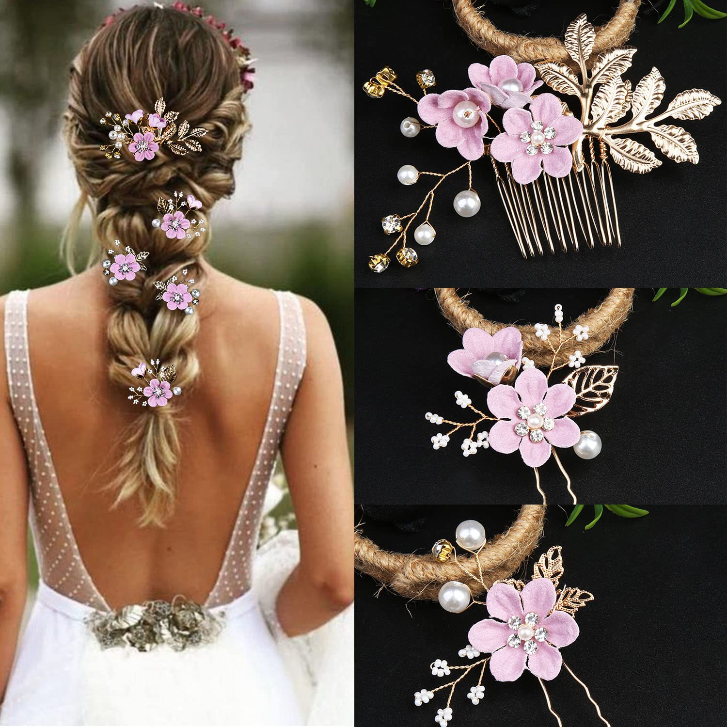 5 PCS Bridal Flower Wedding Hair Pins Crystal Pearl Hair Clips Headpiece Gold Wedding Hair Accessories Jewelry with Rhinestone for Brides Bridesmaids Women Girls Updo, Romantic Lilac Purple - Image 3