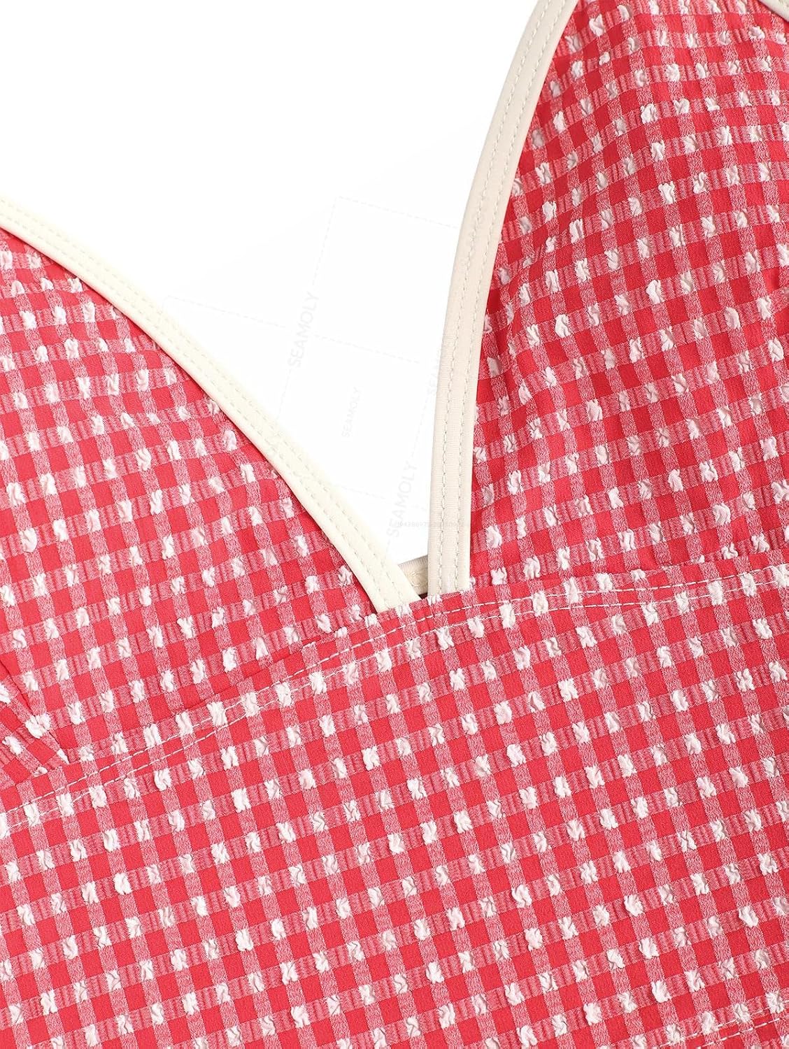 seamoly Women’s Red Gingham Tankini, Two Piece Halter Tank Top with Contrast Trim and Tie Side Boyshorts