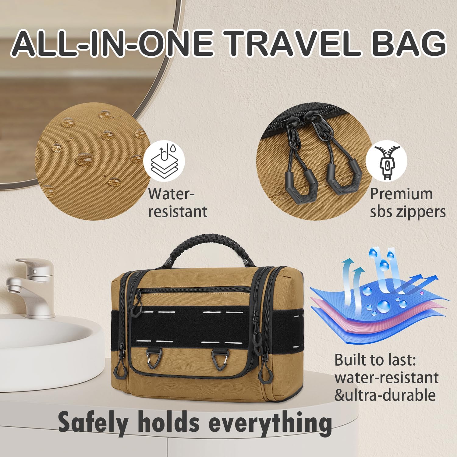 Tactical Toiletry Bag for Men - Hanging Dropp Kit Mens Toiletry Travel Bag for Toiletries, Traveling & Shaving Kit, Portable Hygiene Bag Shower Bathroom Organizer with Handle & Hook, Brown