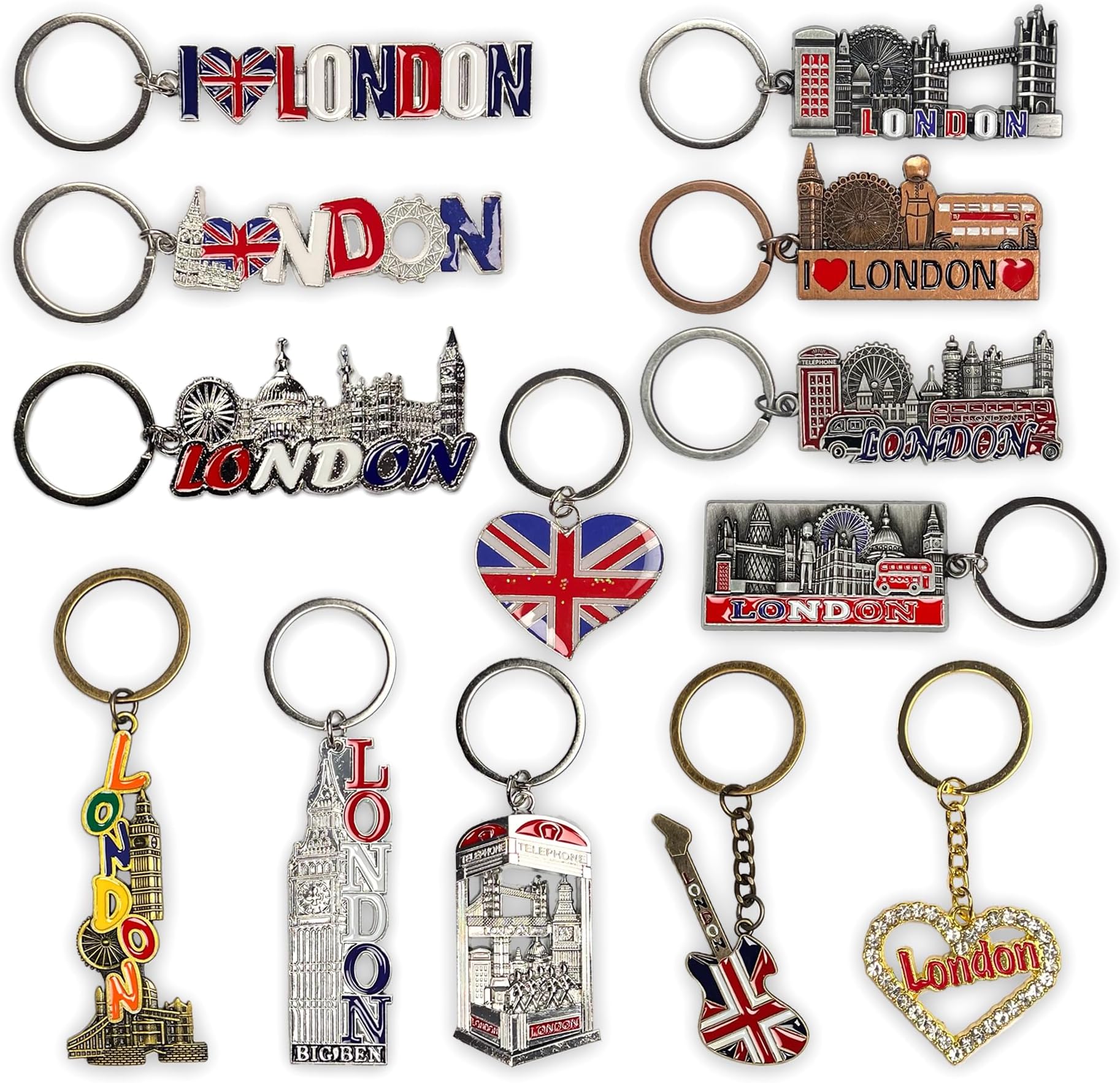 London Souvenir Keyrings Set of 12-3D Metal British Icons UK Gifts
