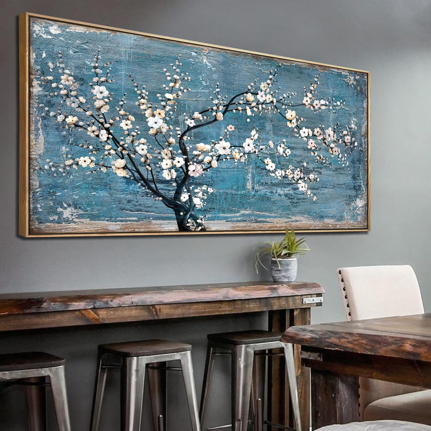 Framed Wall Art for Living Room Teal Plum Blossom Canvas Wall Pictures