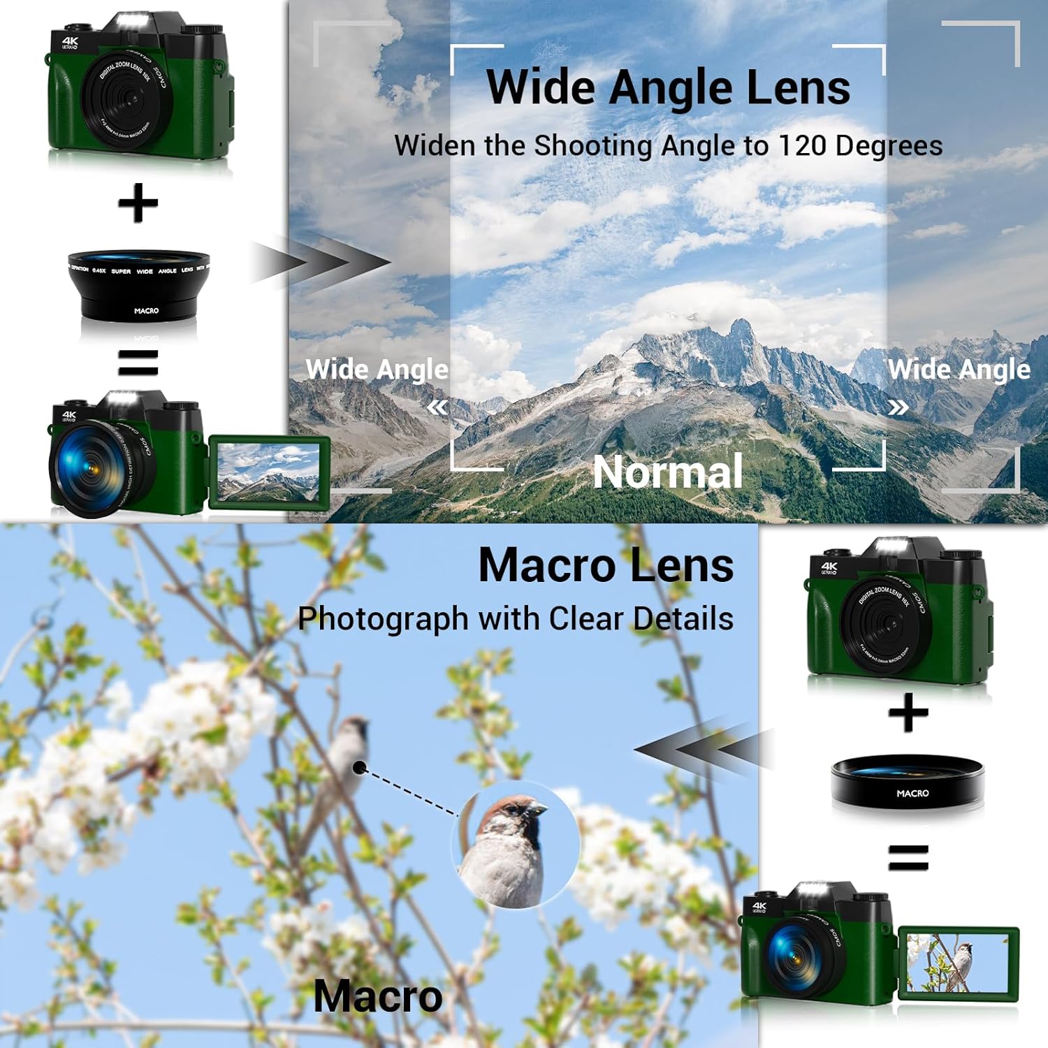 75MP Digital Camera,4K WiFi Vlogging Camera with 3.0" 180° Flip Screen,16X Zoom Autofocus Compact Camera for YouTube Video,Travel Cameras with 2 Batteries, 64GB SD Card(DeepGreen)