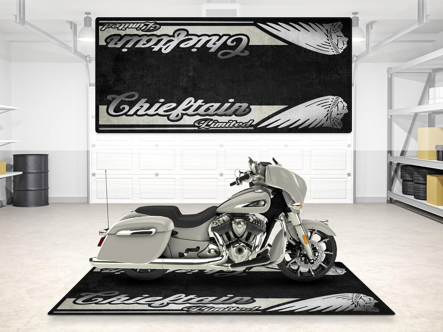 Parking Mat for Chieftain Limited Motorcycle Model, Display and Pit Mat, Washable Non-Slip Garage, Showroom Mat (Silver Quartz Metallic, Size 2: 102 x 47/260 x 120 cm)