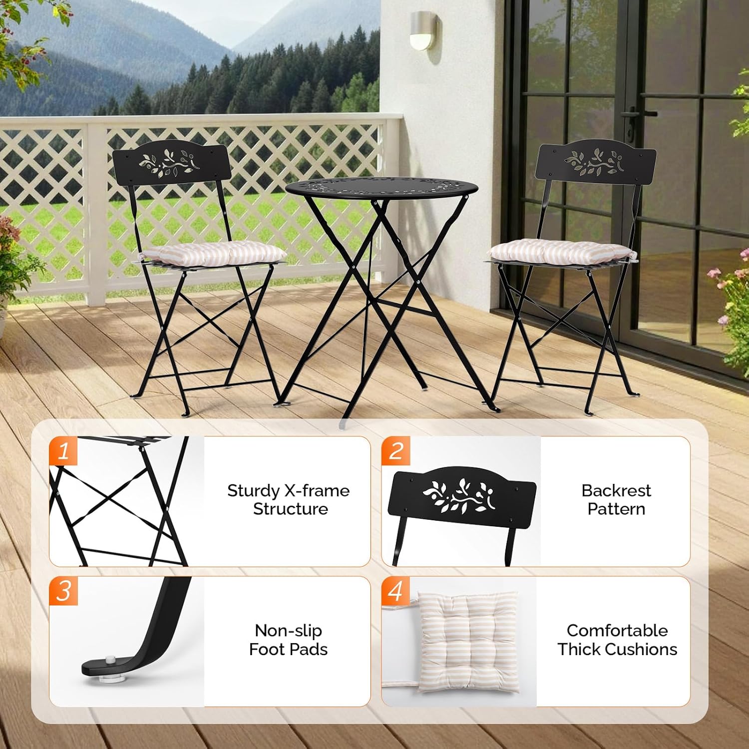 VINGLI Outdoor Folding Bistro Table and Chairs Set of 2, 3-Piece Bistro Set with Olive Leaf Cutout Design and Comfortable Cushions for Patio, Balcony, Garden, Porch, Yard, Black
