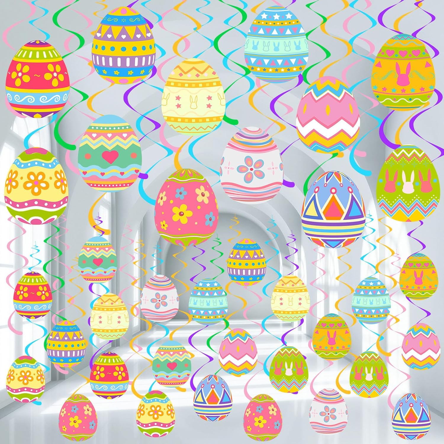 Epakh 72 Pcs Easter Egg Hanging Swirl Ceiling Decorations Hanging Foil Ceiling for Happy Easter Day Party, Colorful Egg Decorations for Spring Holiday, Office, Indoor, Home(Vibrant Style)