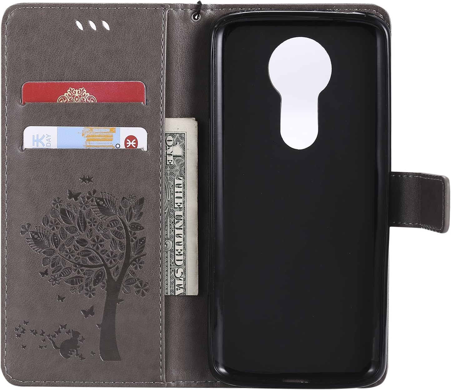 Moto E5 Plus Case, Moto E5 Supra Case, Lacass Cat Tree Pattern PU Leather Flip Wallet Case Cover Kickstand with Card Slots and Wrist Strap for Motorola Moto E5 Plus 2018 - Gray
