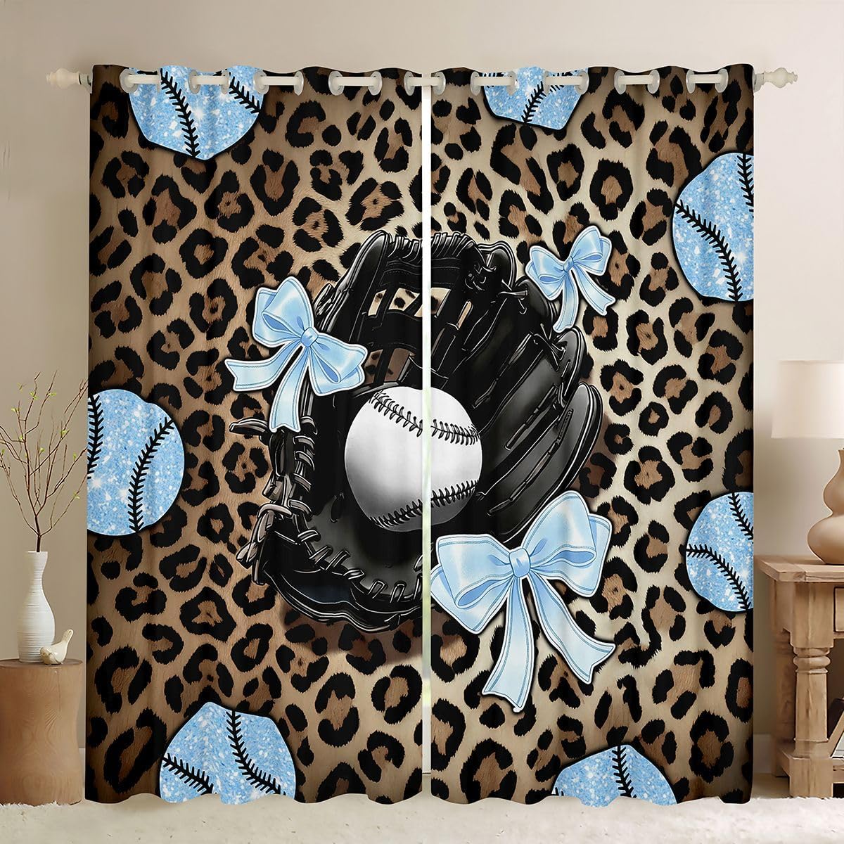 Castle Fairy Blue Bows Ball Bedroom Curtains Baseball Sports Bookshelf Window Drapes for Kids Leopard Print Blackout Drapes Window Treatments Grommet Top 42Wx63L Inch 2 Panel Set,Black Blue Brown