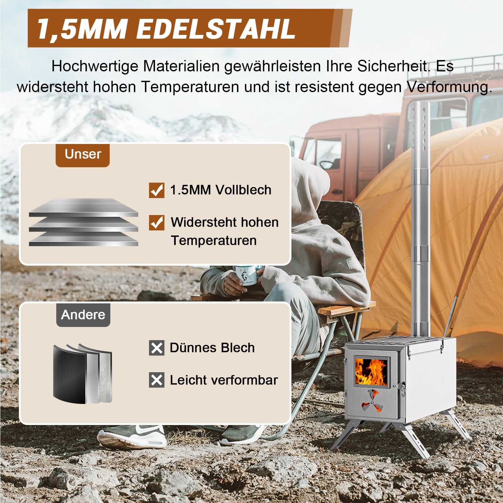 Ytaoeo Camping Zeltofen mit Schornstein, Holzofen für Zelt (Zeltofen) | Edelstahl Tragbarer Faltbarer Heißzeltofen mit 7 Kaminrohren für Outdoor, Camping, Kochen, Grillen, Wandern, Angeln, Jagd