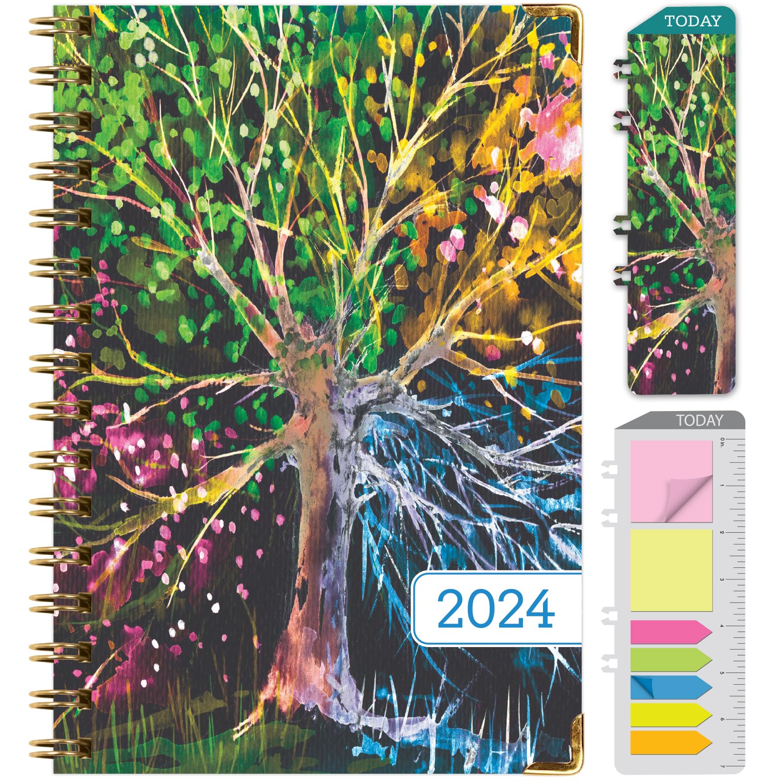 Global Printed Products HARDCOVER 2024 Planner: (November 2023 Through December 2024) 5.5"x8" Daily Weekly Monthly Planner Yearly Agenda Bookmark, Pocket Folder & Sticky Note Set (Black Tree Seasons)
