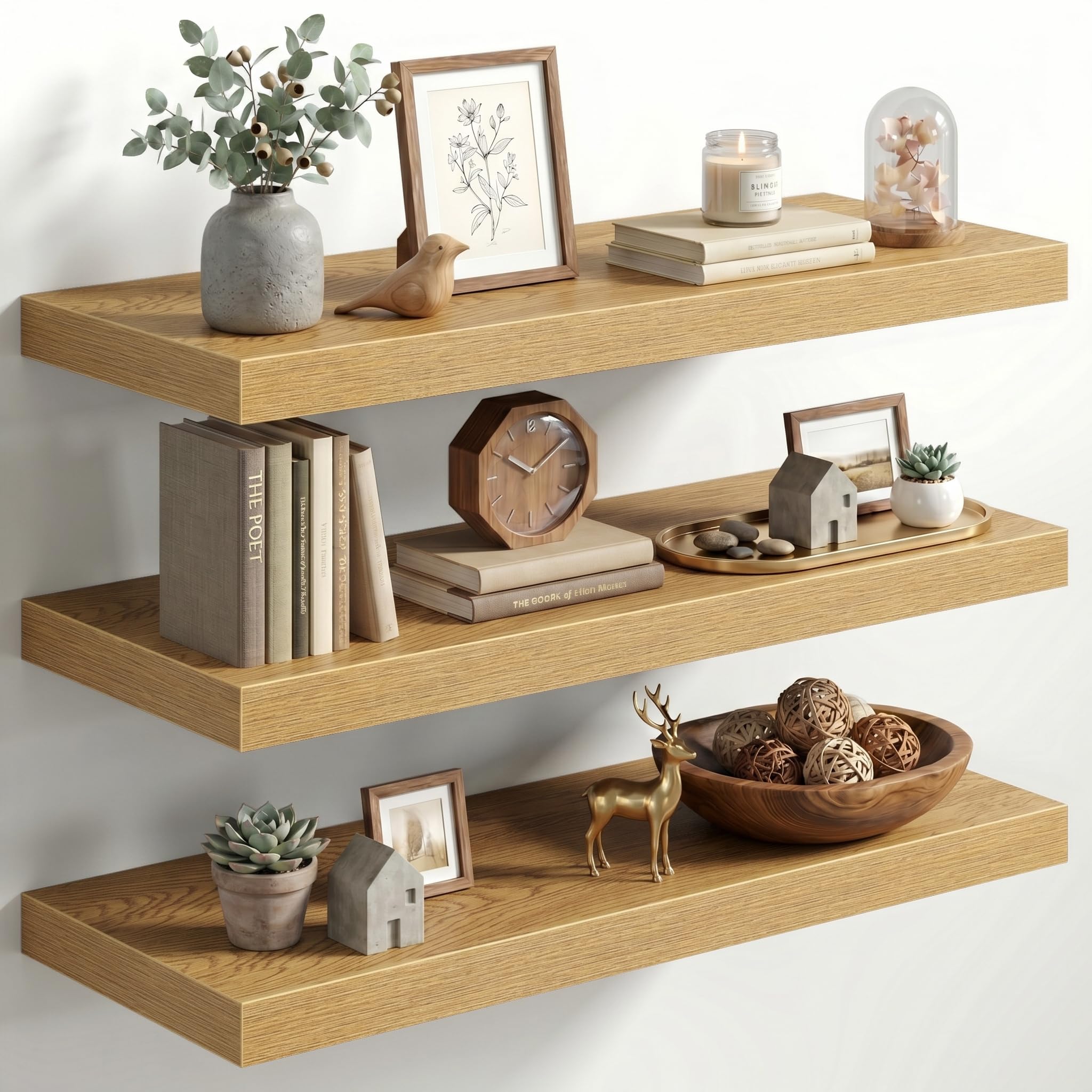 Fun Memories 30 Inch Floating Shelves for Wall, 12" Deep Large Wall Mounted Wood Shelves with Invisible Bracket, Rustic Oak Floating Shelf for Bathroom Over Toilet Kitchen Living Room, Set of 3