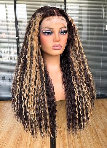 Miniatura 4 de Annivia Pelucas de encaje frontal rizado de 26 pulgadas, color rubio miel, con reflejos de onda profunda, peluca frontal de encaje para mujeres