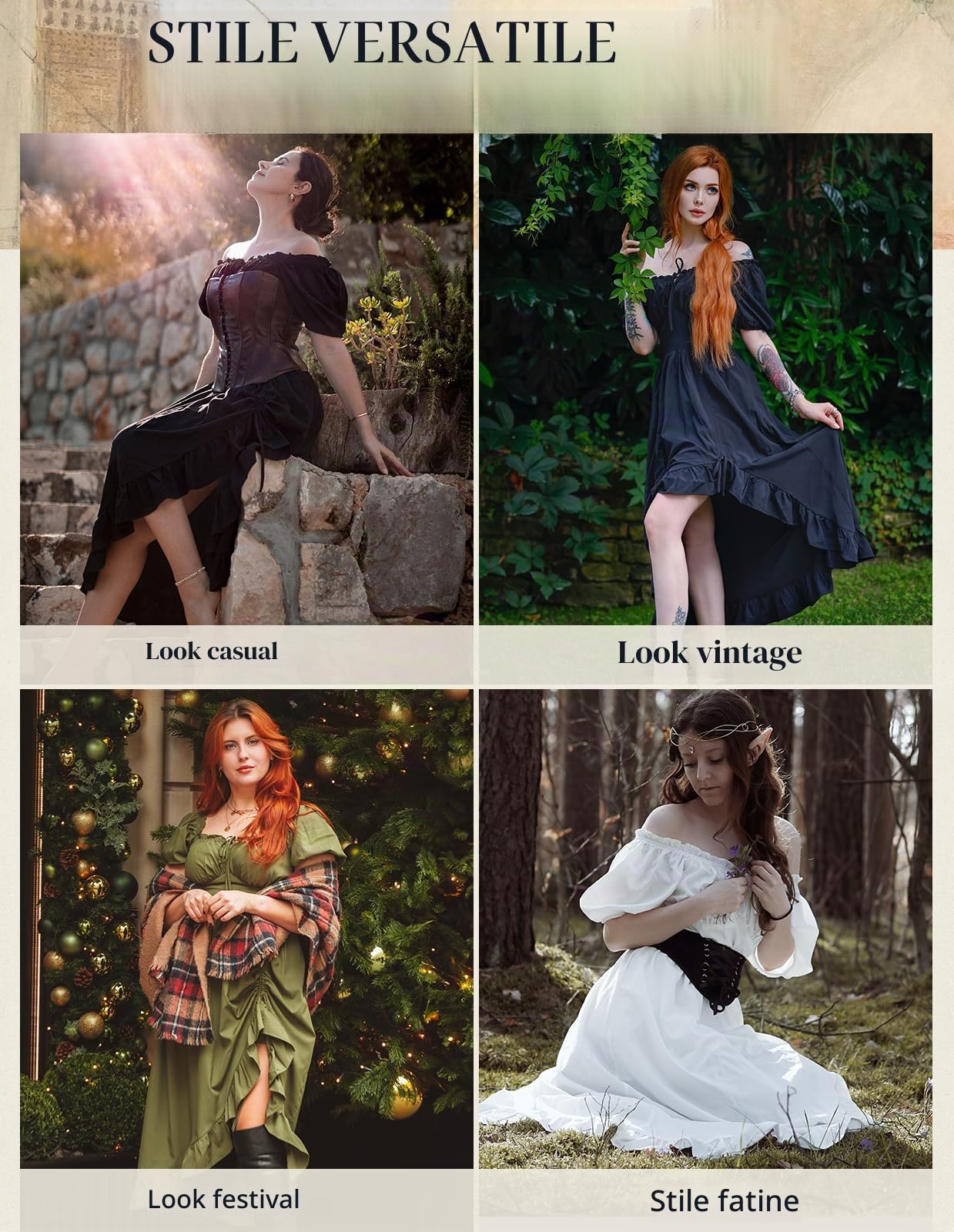 Scarlet Darkness Abito rinascimentale da donna, corsetto medievale, costume da pirata | Spalle scoperte, maniche a sbuffo, orlo alto e basso, con tasche, per fiere Ren, Halloween, feste e tutti i giorni casual