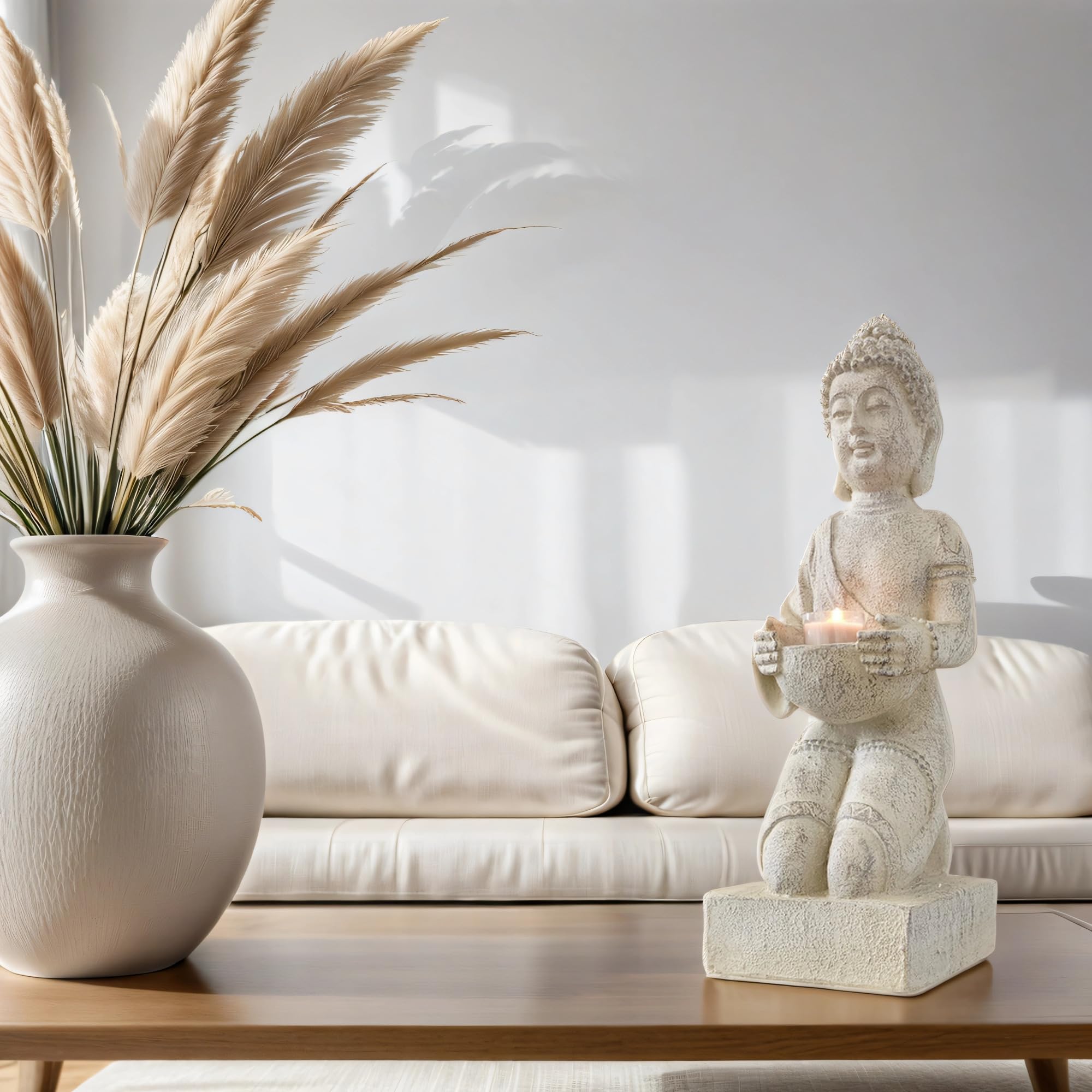 Statuetta di Buddha con portacandela 39 cm (crema)
