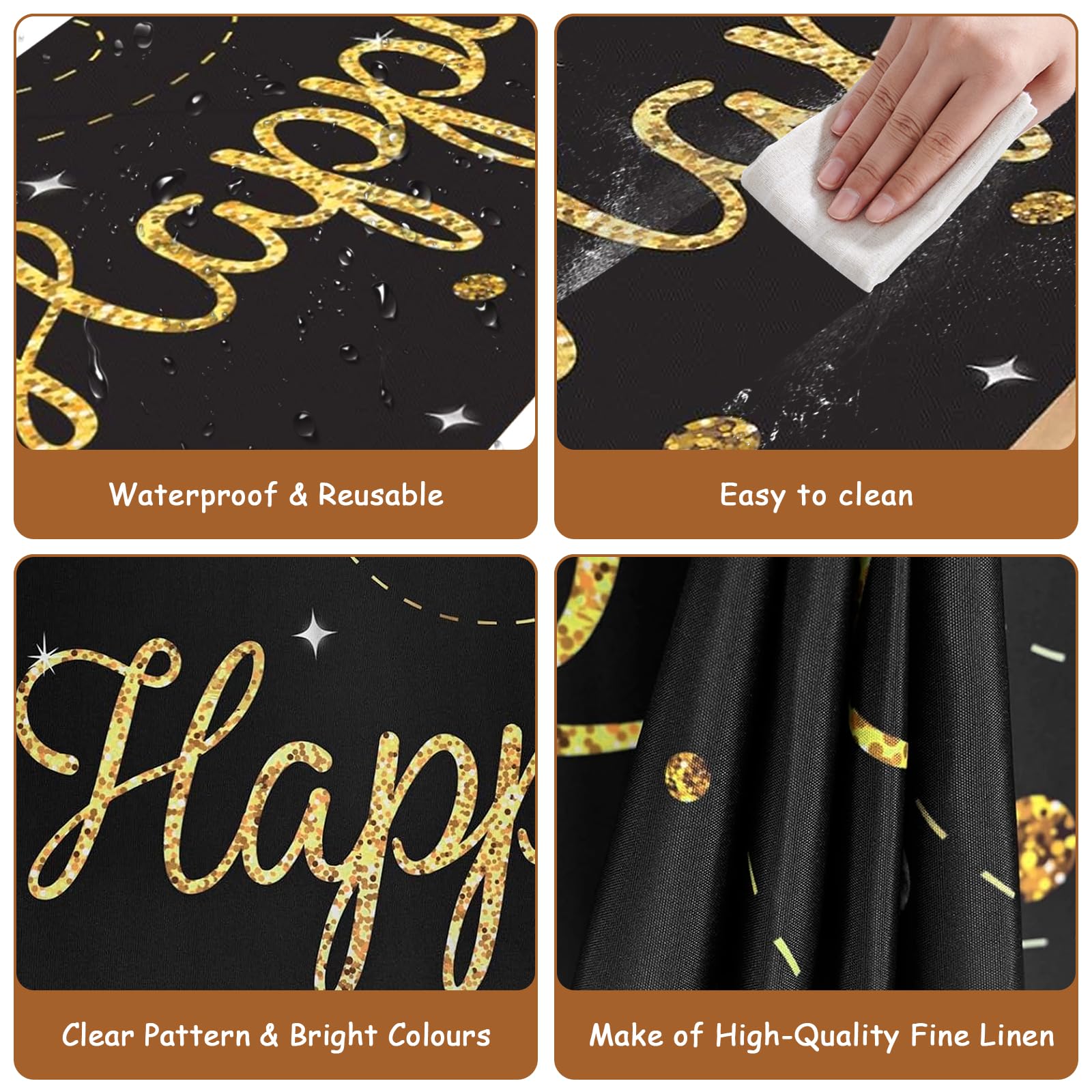 PHOGARY Verjaardag tafeldecoratie - zwart-gouden tafelloper en 6 windlichten tafeldecoratie 180 x 33 cm linnen Happy Birthday tafeldecoratie