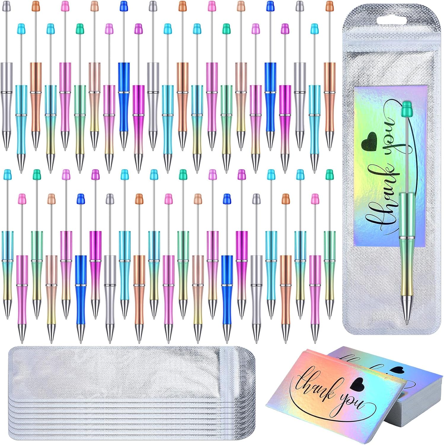Yeaqee 150 Pieces Beadable Pens Kit 50 Pieces Colors Plastic Beaded Ballpoint Pens Bulk 50 Foil Thank You Cards with 50 Resealable Packaging Bags for School DIY Making Gift(Metallic Gradient Style)