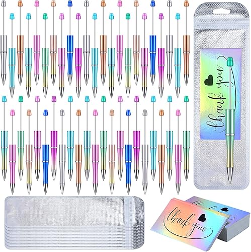 Yeaqee Kit de 150 bolígrafos con cuentas, 50 bolígrafos de plástico con cuentas de colores, 50 tarjetas de agradecimiento de papel de aluminio con
