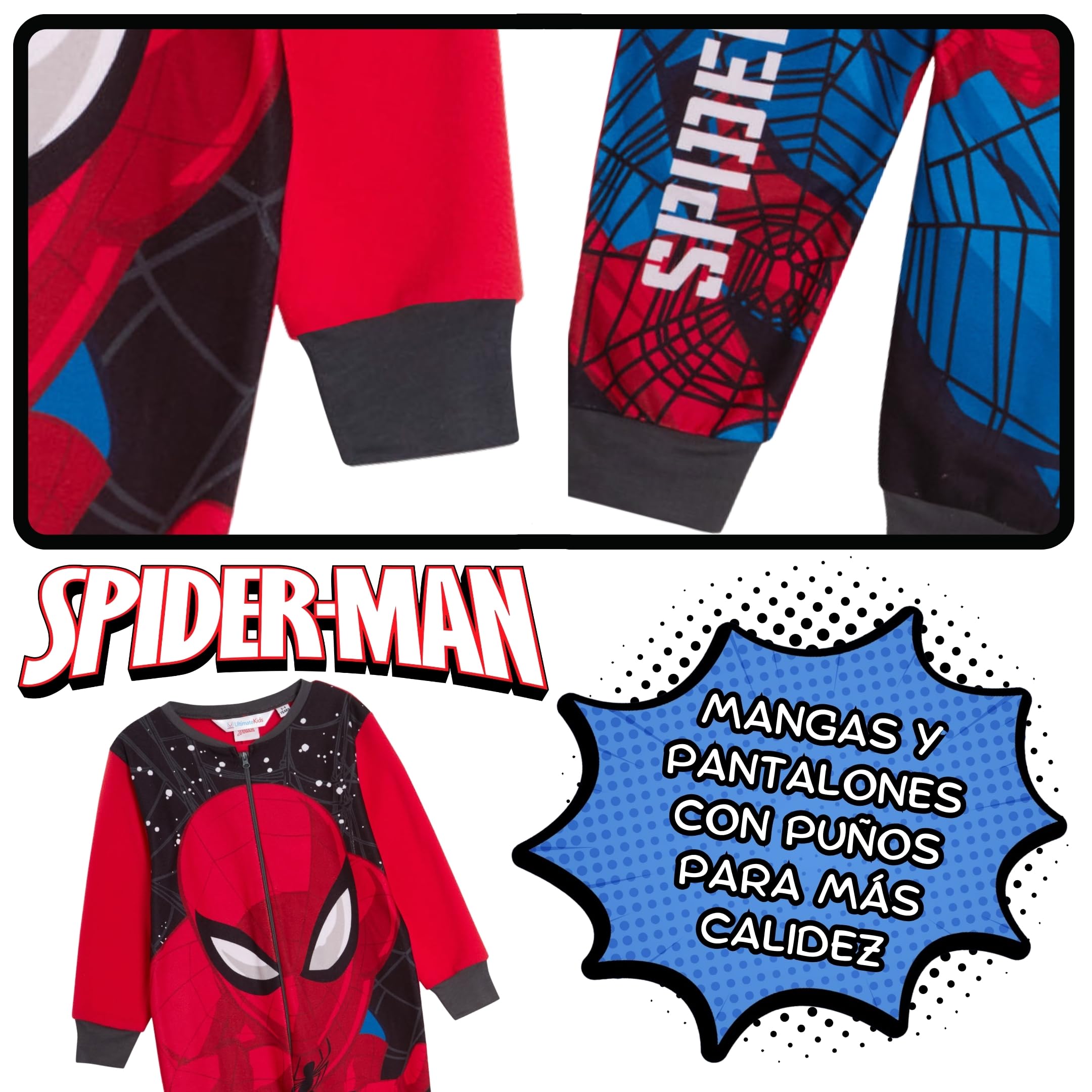 Marvel El Pijama Oficial de Spiderman para niños, de Forro Polar, Tipo Enterizo, Pijamas niños, PJs, con Cremallera, Ropa de Descanso