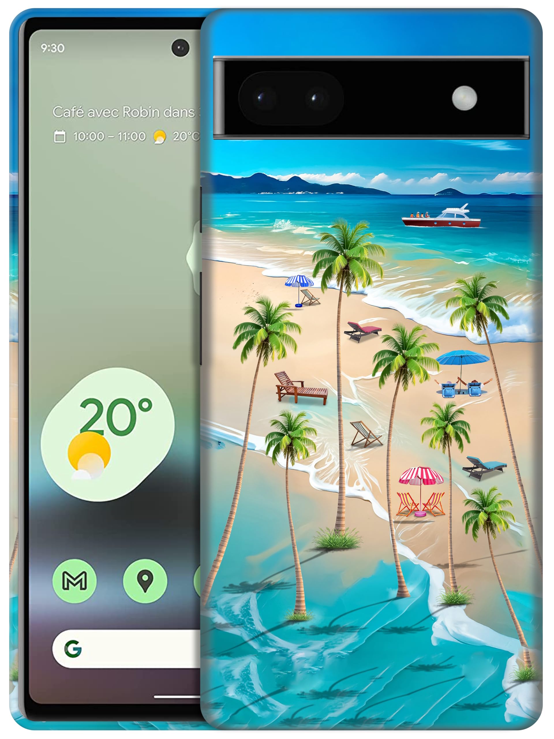 GlamCase for Google Pixel 6a 5G, Pixel 6a Case - Cute Palm Trees Beach Design Printed Slim & Sleek Hard Plastic Snap on Protective Designer Back Phone Case/Cover for Pixel 6a White