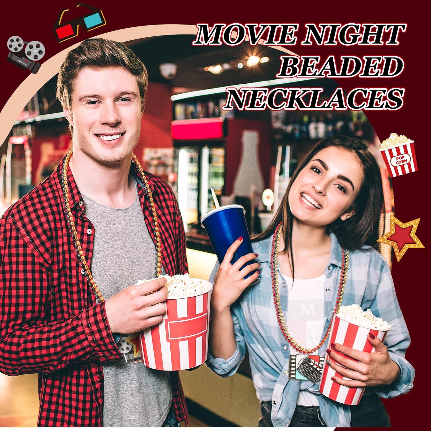 Ecally 100 Pcs Movie Night Beaded Necklaces Bulk - 20 Styles Movie Night Party Favors Theater Party Sign Necklaces for Birthday Theme Supplies