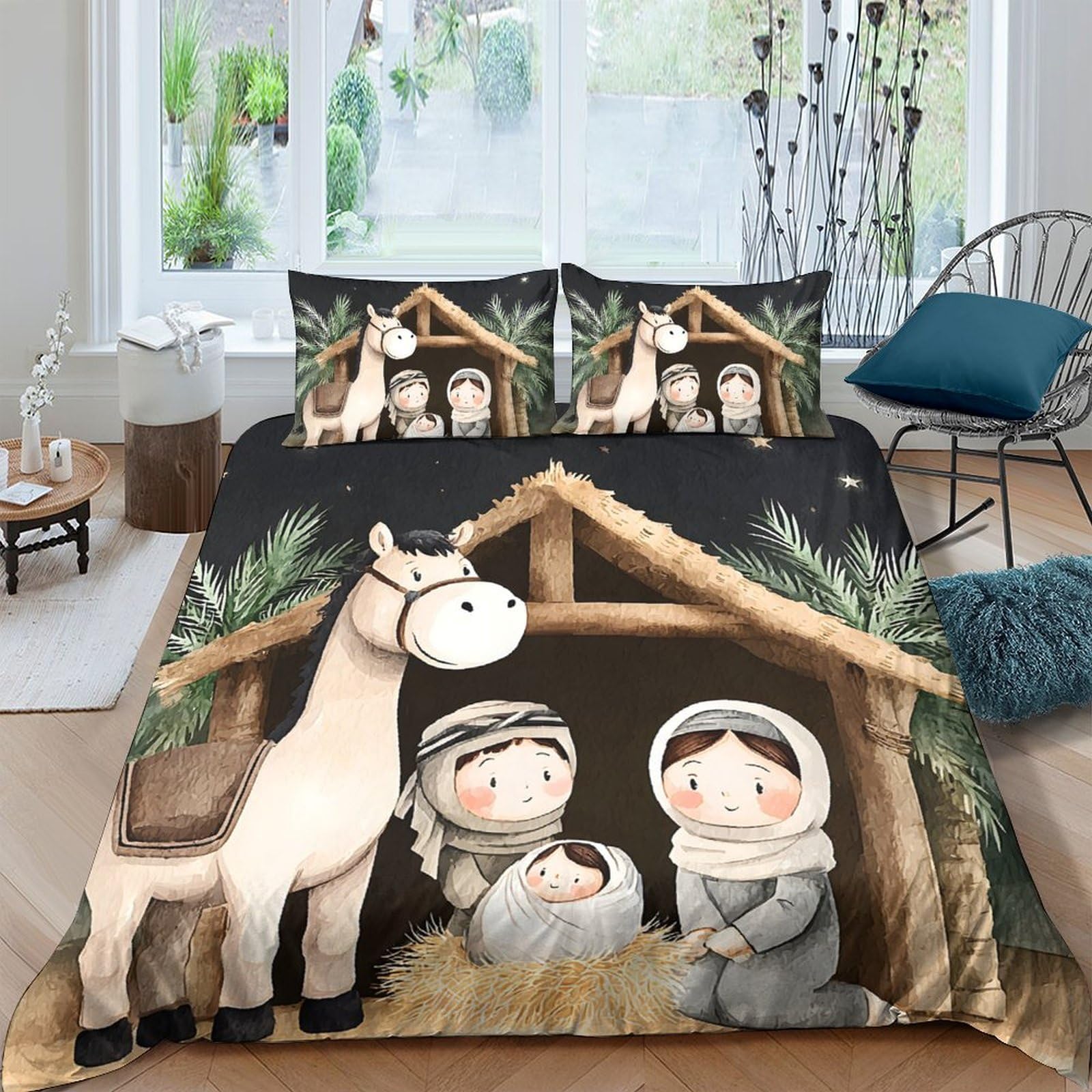 Ctjqhvkz Style-6 3D Printed Nativity Scene Fitted Sheet Microfiber Soft Brown Christmas Stable Bed Cover For Bedroom Dorm Decorative Mattress Protector Single（135X200cm）